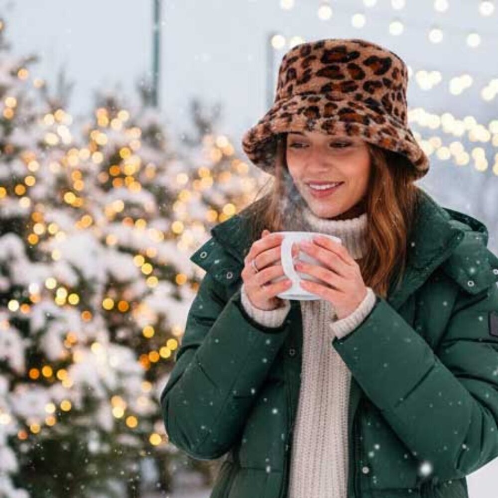 Ladies Fuzzy Leopard Print Bucket Hat - Picture 6 of 11
